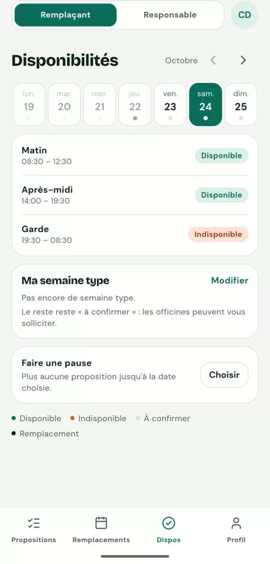 Application&nbsp;: disponibilités du samedi, créneau par créneau (matin, après-midi, garde).